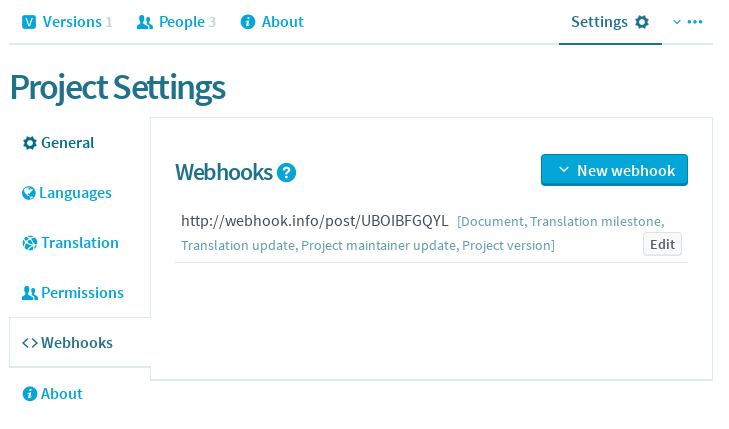 Project Webhooks Settings tab