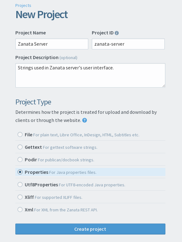 Example project creation form with all fields filled in