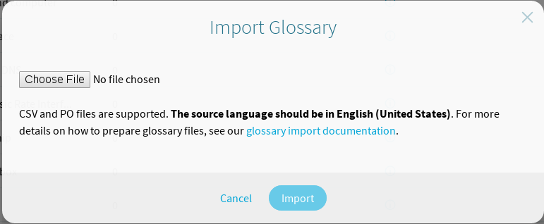 Glossary upload window