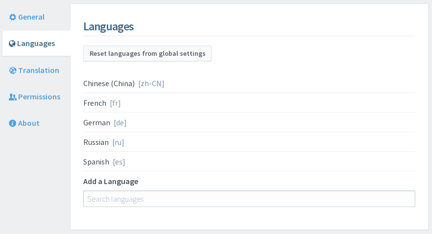 Project Languages Settings tab